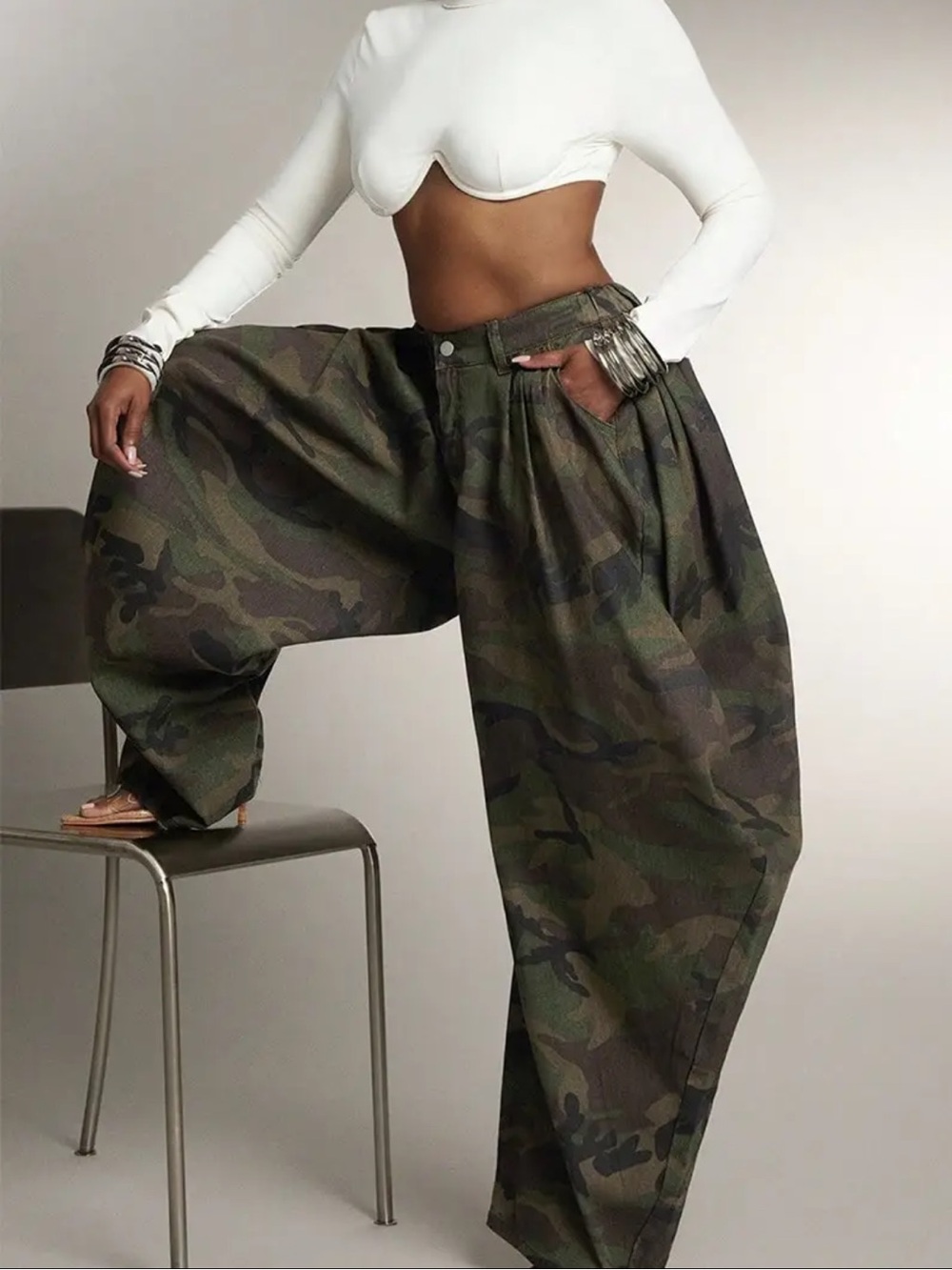 High-Rise Wide-Leg Camo Pants in Olive